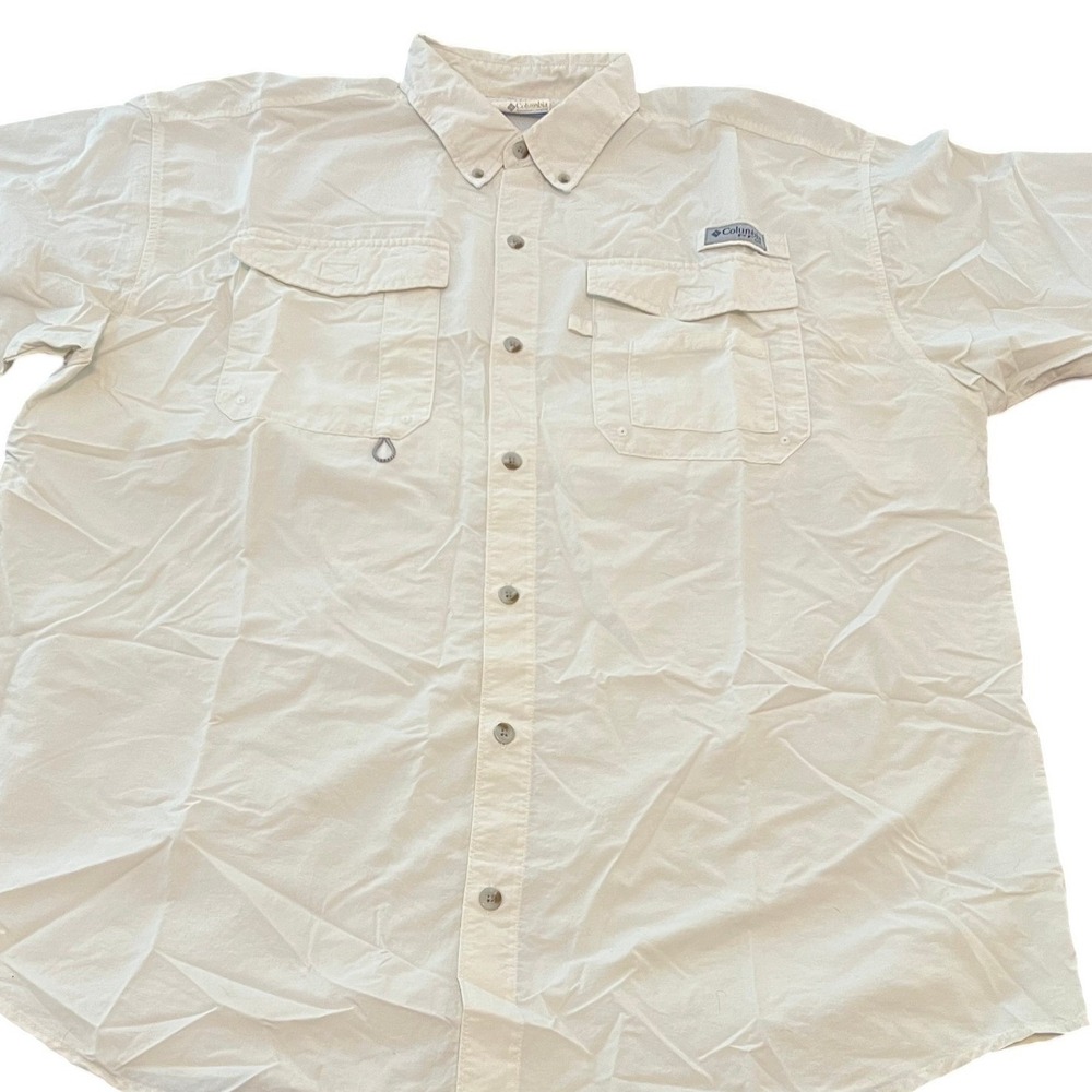 Columbia PFG Mens Large White Short Sleeve Fishing Shirt Button Down‎ Vent Back